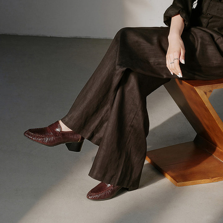 Handmade Leather Penny Loafers Gathered Mid Heel Slip-On Office Shoes in Black/Brown