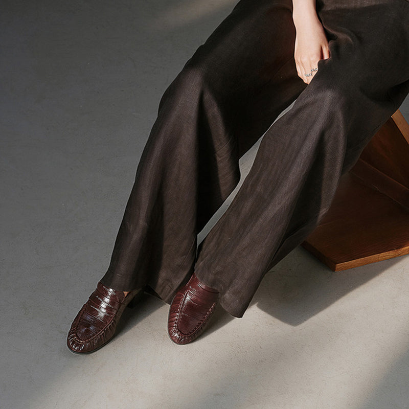 Handmade Leather Penny Loafers Gathered Mid Heel Slip-On Office Shoes in Black/Brown
