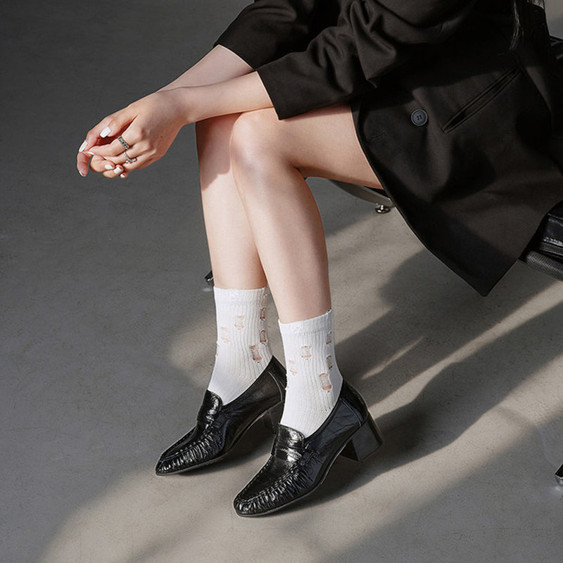 Handmade Leather Penny Loafers Gathered Mid Heel Slip-On Office Shoes in Black/Brown