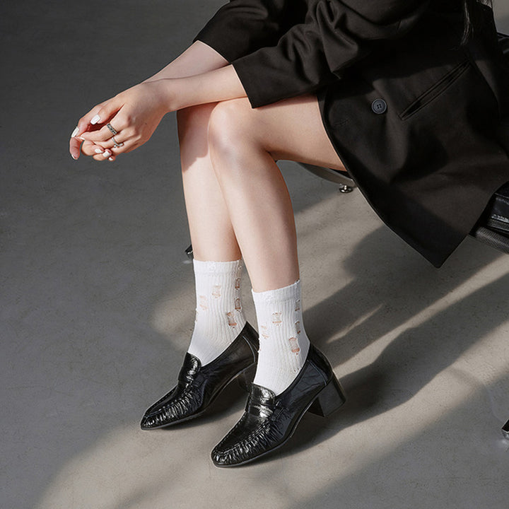Handmade Leather Penny Loafers Gathered Mid Heel Slip-On Office Shoes in Black/Brown