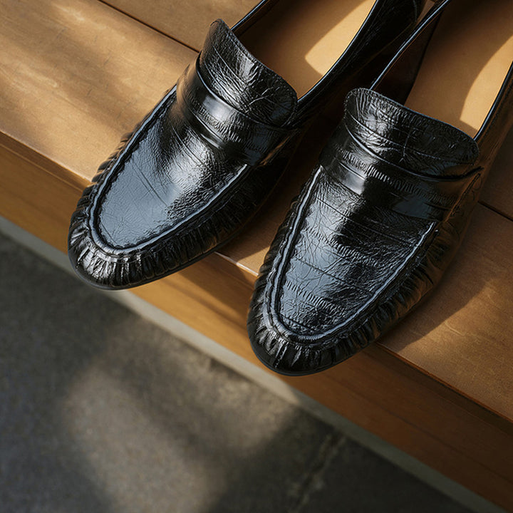 Handmade Leather Penny Loafers Gathered Mid Heel Slip-On Office Shoes in Black/Brown
