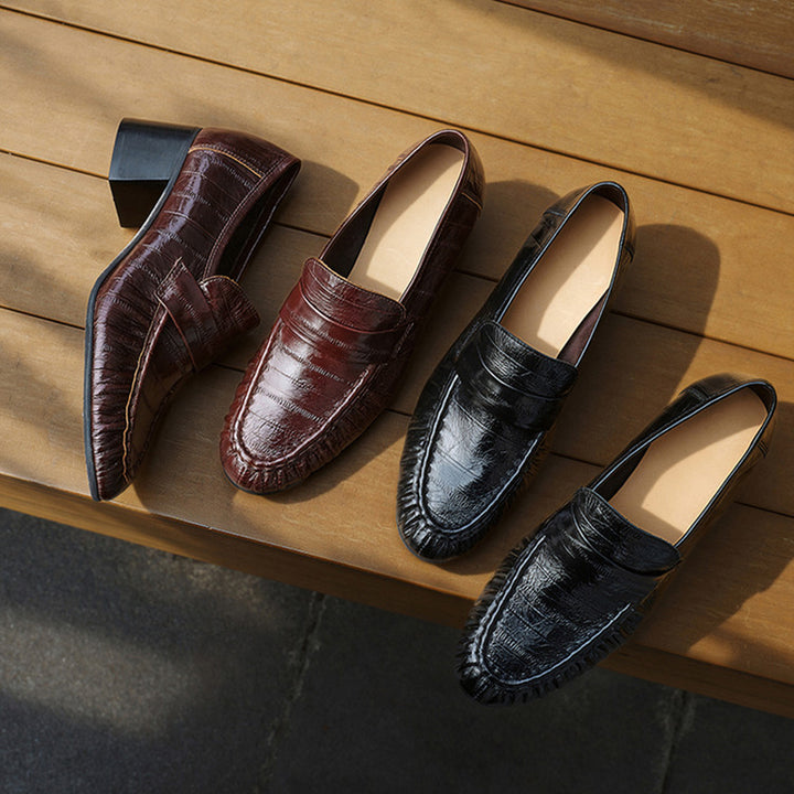 Handmade Leather Penny Loafers Gathered Mid Heel Slip-On Office Shoes in Black/Brown