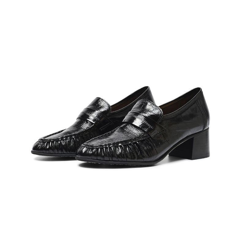Handmade Leather Penny Loafers Gathered Mid Heel Slip-On Office Shoes in Black/Brown