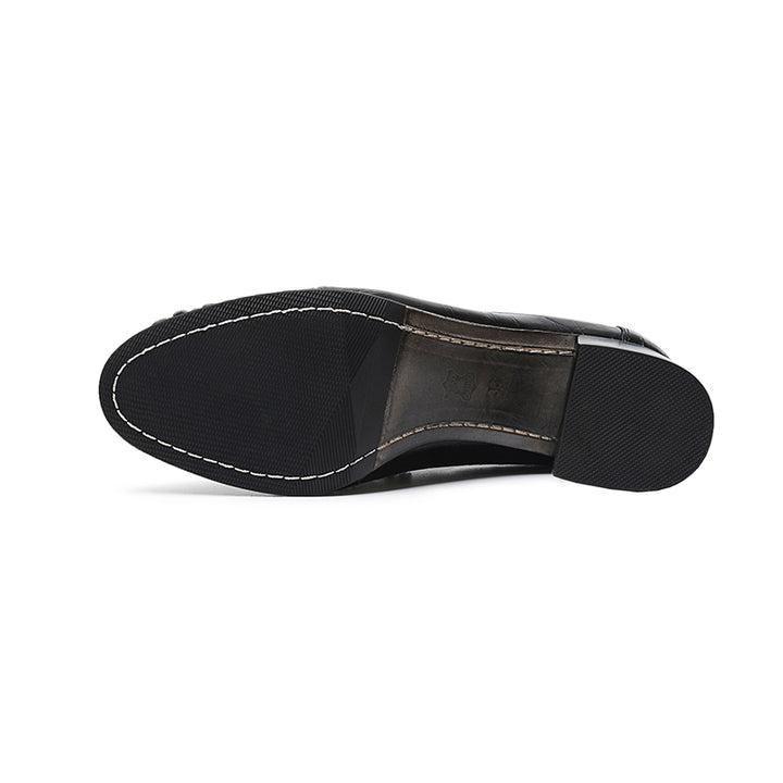 Handmade Leather Penny Loafers Gathered Mid Heel Slip-On Office Shoes in Black/Brown