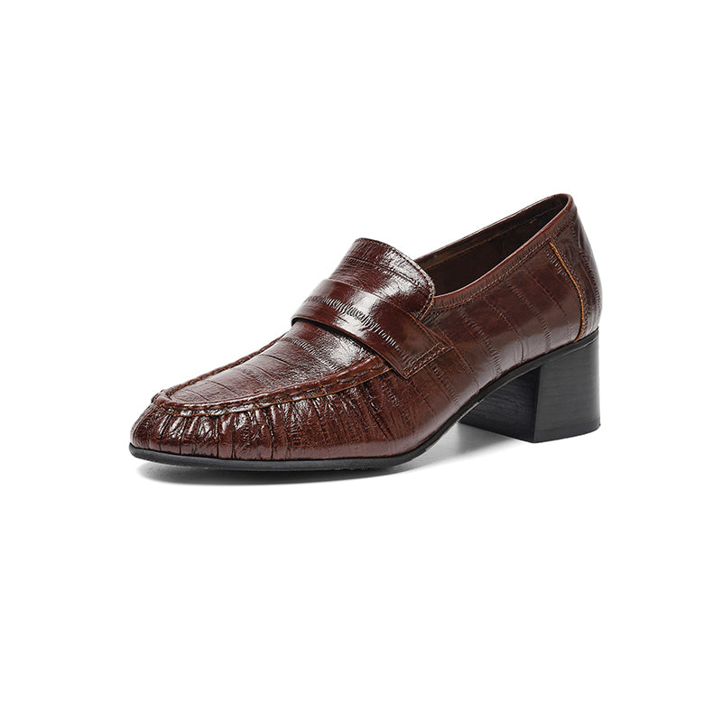Handmade Leather Penny Loafers Gathered Mid Heel Slip-On Office Shoes in Black/Brown