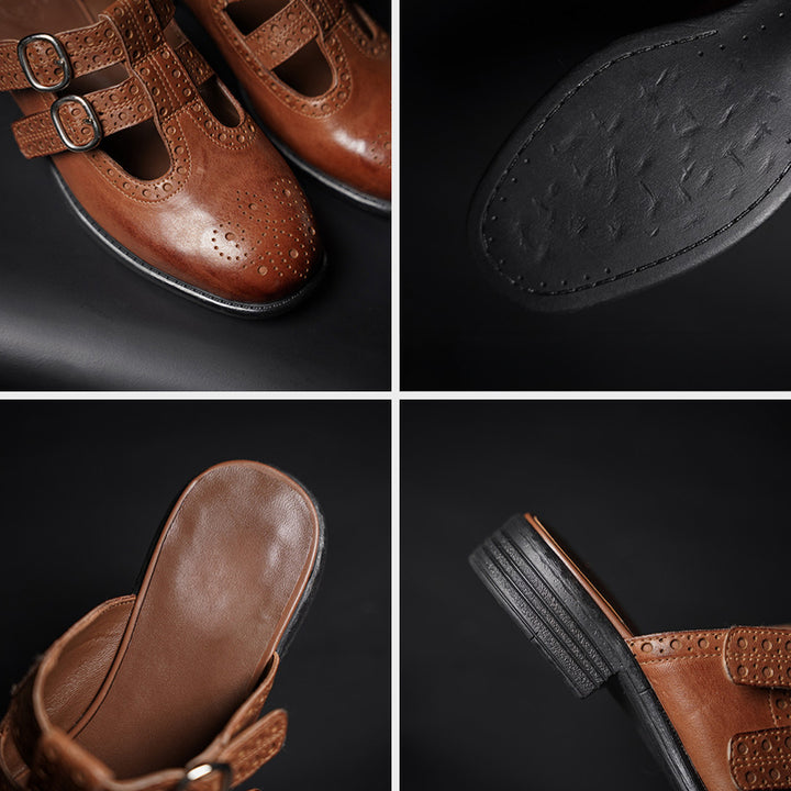 Vintage T-Strap Brogue Double Buckle Horse Leather Mules Backless Loafers in Black/Brown