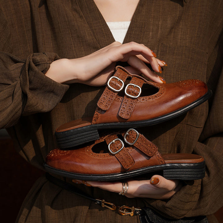 Vintage T-Strap Brogue Double Buckle Horse Leather Mules Backless Loafers in Black/Brown