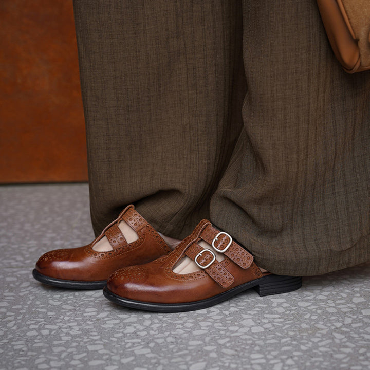 Vintage T-Strap Brogue Double Buckle Horse Leather Mules Backless Loafers in Black/Brown
