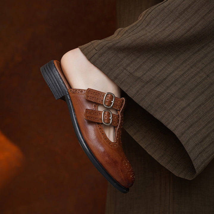 Vintage T-Strap Brogue Double Buckle Horse Leather Mules Backless Loafers in Black/Brown