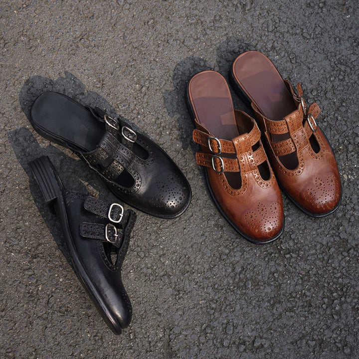 Vintage T-Strap Brogue Double Buckle Horse Leather Mules Backless Loafers in Black/Brown