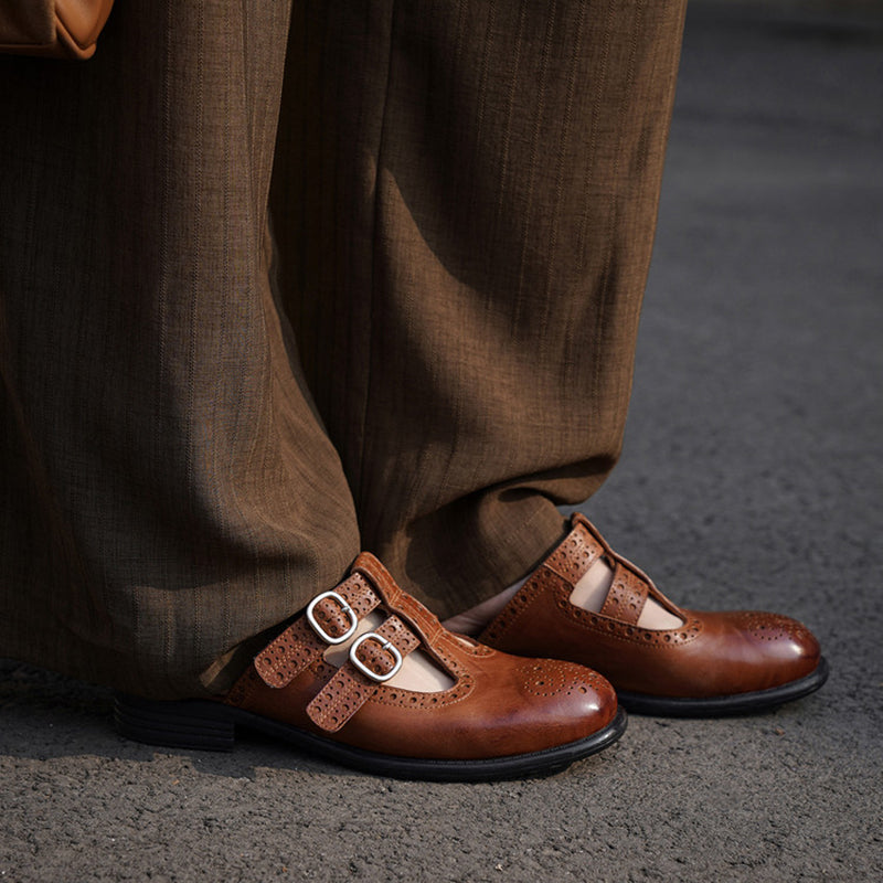 Vintage T-Strap Brogue Double Buckle Horse Leather Mules Backless Loafers in Black/Brown