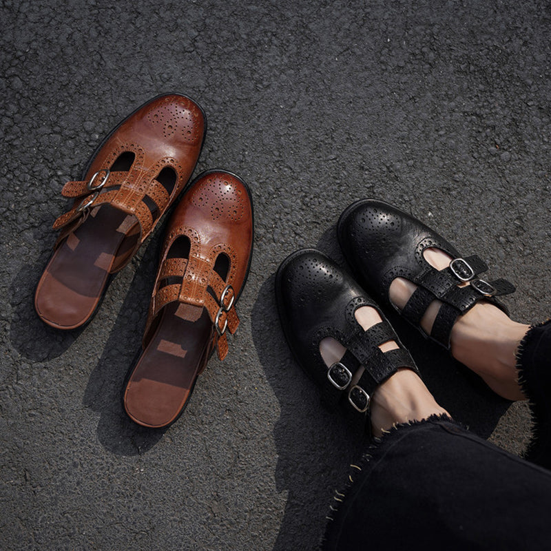 Vintage T-Strap Brogue Double Buckle Horse Leather Mules Backless Loafers in Black/Brown