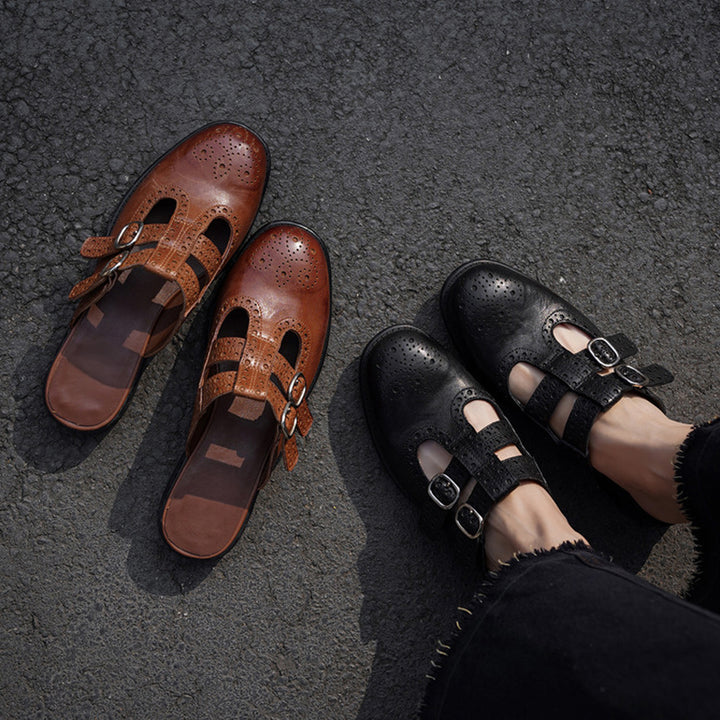 Vintage T-Strap Brogue Double Buckle Horse Leather Mules Backless Loafers in Black/Brown