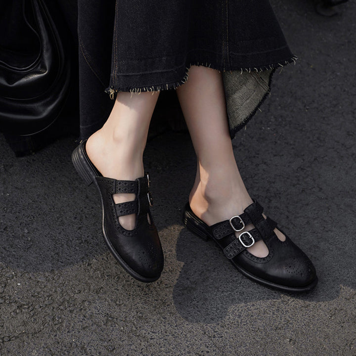 Vintage T-Strap Brogue Double Buckle Horse Leather Mules Backless Loafers in Black/Brown