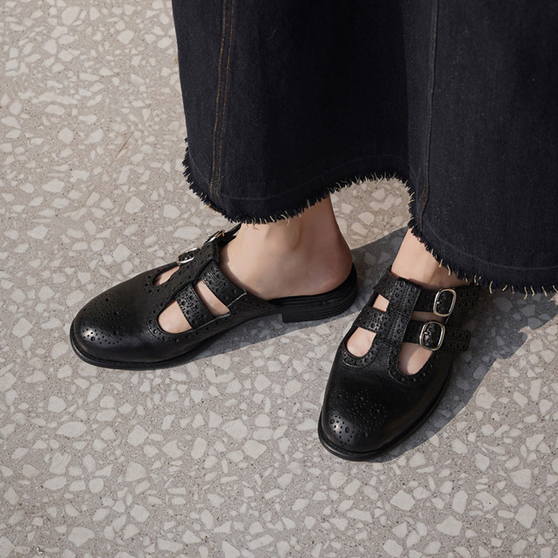 Vintage T-Strap Brogue Double Buckle Horse Leather Mules Backless Loafers in Black/Brown