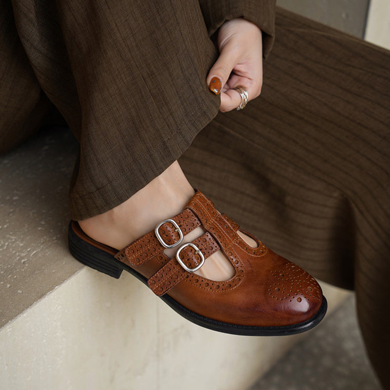 Vintage T-Strap Brogue Double Buckle Horse Leather Mules Backless Loafers in Black/Brown