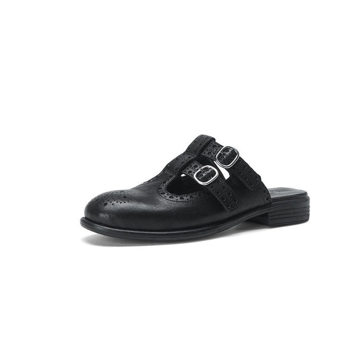 Vintage T-Strap Brogue Double Buckle Horse Leather Mules Backless Loafers in Black/Brown