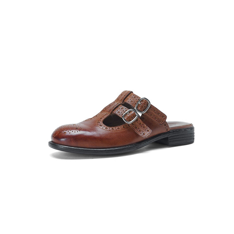 Vintage T-Strap Brogue Double Buckle Horse Leather Mules Backless Loafers in Black/Brown