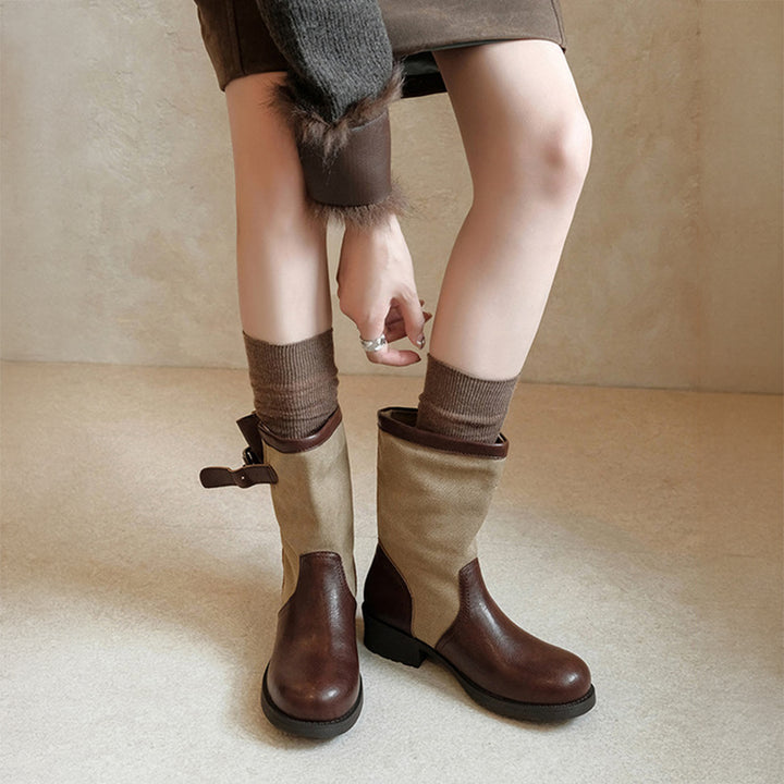 Handmade Two-Tone Leather Mid Calf Biker Boots for Women in Black/Light Brown/Dark Brown
