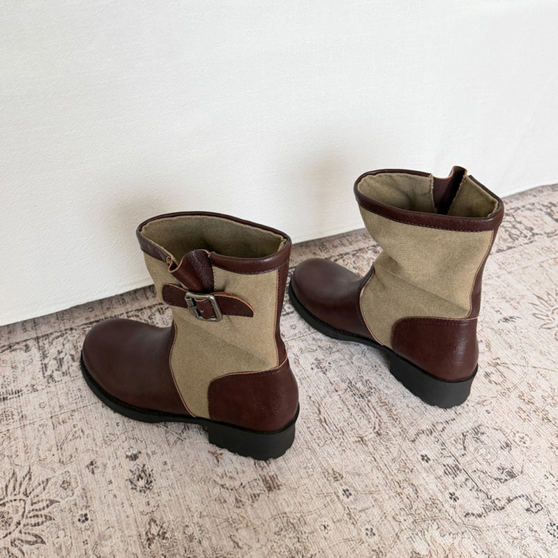 Handmade Two-Tone Leather Mid Calf Biker Boots for Women in Black/Light Brown/Dark Brown
