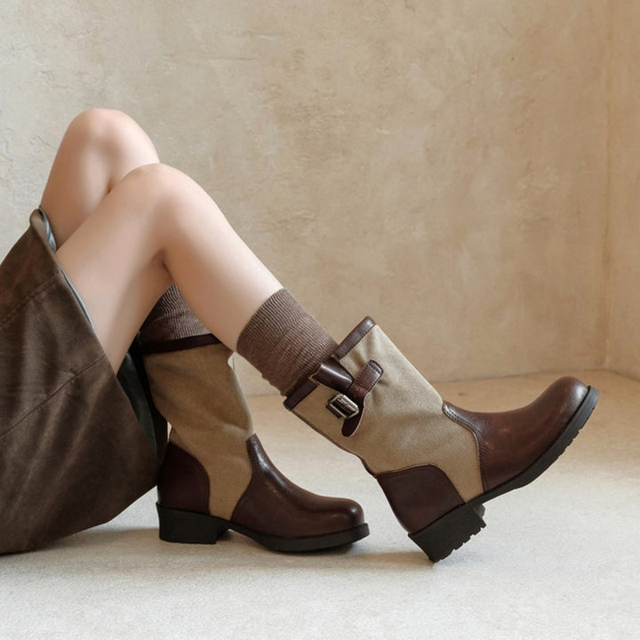 Handmade Two-Tone Leather Mid Calf Biker Boots for Women in Black/Light Brown/Dark Brown