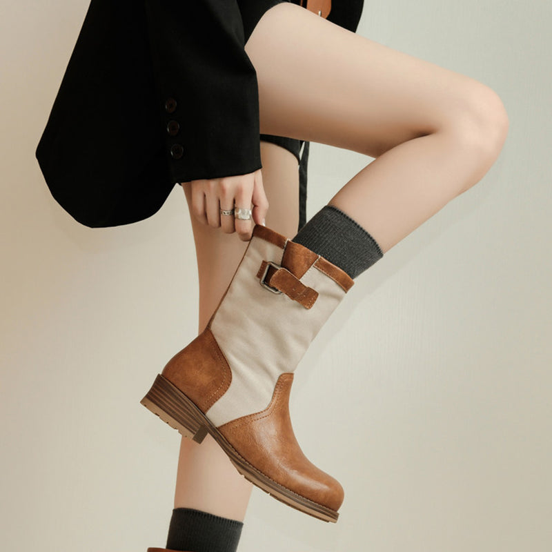 Handmade Two-Tone Leather Mid Calf Biker Boots for Women in Black/Light Brown/Dark Brown