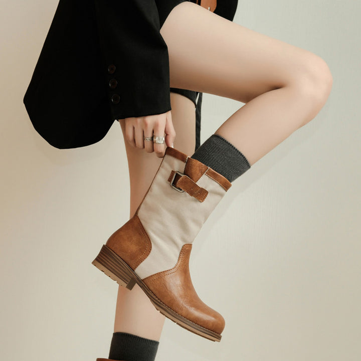 Handmade Two-Tone Leather Mid Calf Biker Boots for Women in Black/Light Brown/Dark Brown