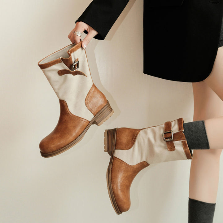 Handmade Two-Tone Leather Mid Calf Biker Boots for Women in Black/Light Brown/Dark Brown