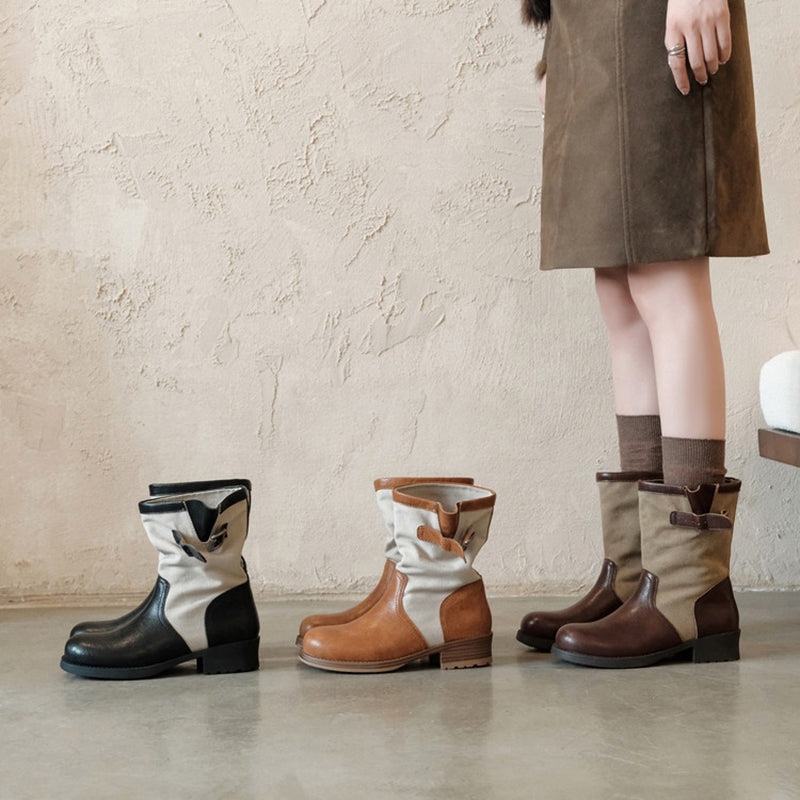 Handmade Two-Tone Leather Mid Calf Biker Boots for Women in Black/Light Brown/Dark Brown