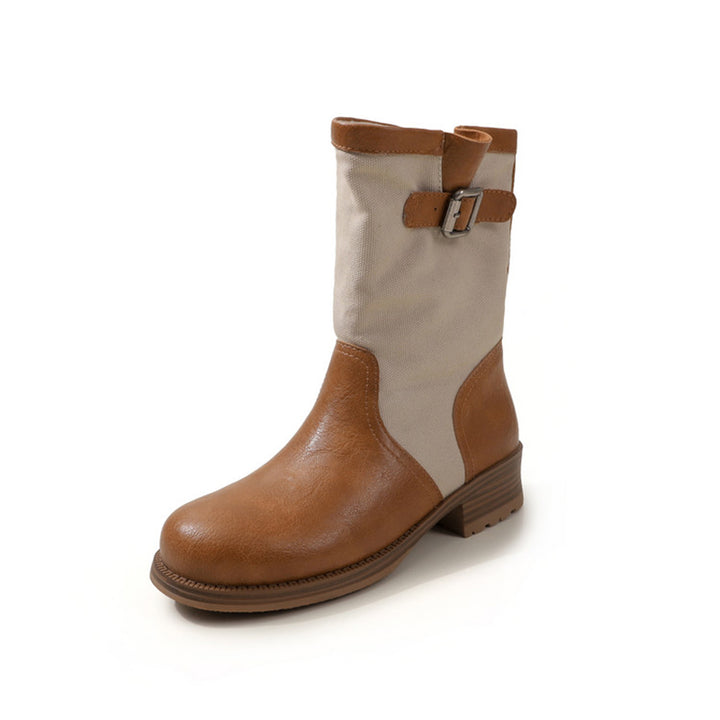 Handmade Two-Tone Leather Mid Calf Biker Boots for Women in Black/Light Brown/Dark Brown