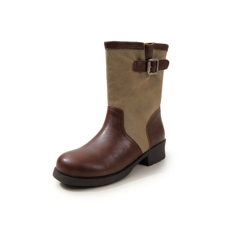 Handmade Two-Tone Leather Mid Calf Biker Boots for Women in Black/Light Brown/Dark Brown