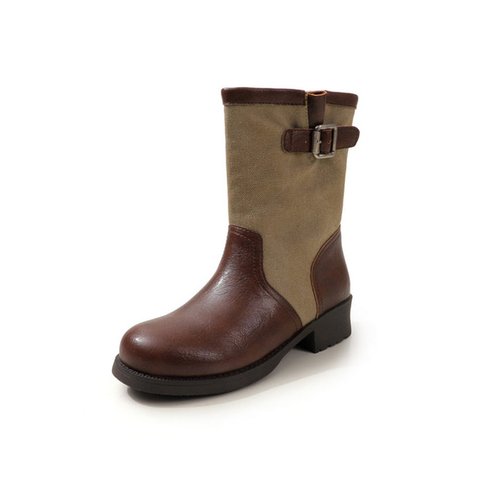 Handmade Two-Tone Leather Mid Calf Biker Boots for Women in Black/Light Brown/Dark Brown