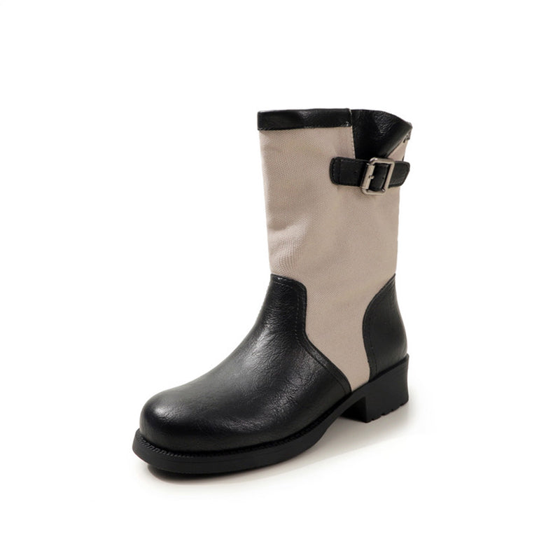 Handmade Two-Tone Leather Mid Calf Biker Boots for Women in Black/Light Brown/Dark Brown