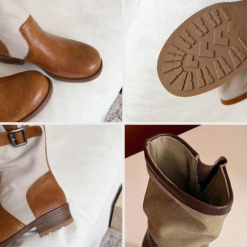 Handmade Two-Tone Leather Mid Calf Biker Boots for Women in Black/Light Brown/Dark Brown