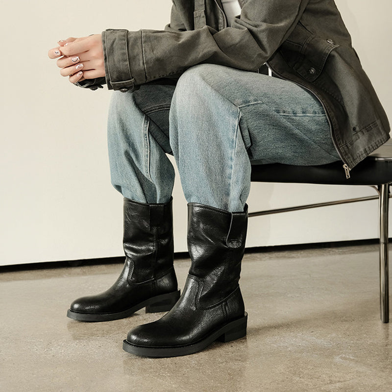 Vintage Ruched Slouch Mid Calf Boots for Women in Black/Light Brown/Dark Brown