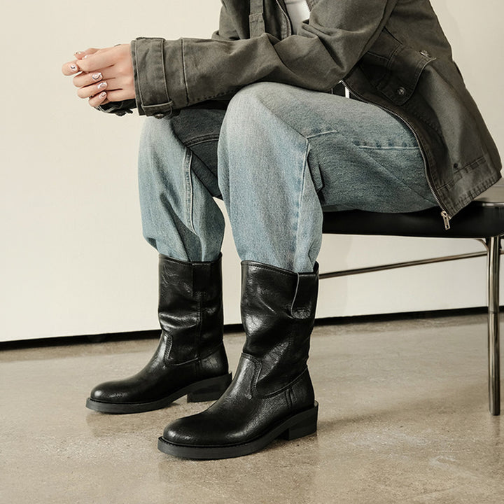 Vintage Ruched Slouch Mid Calf Boots for Women in Black/Light Brown/Dark Brown