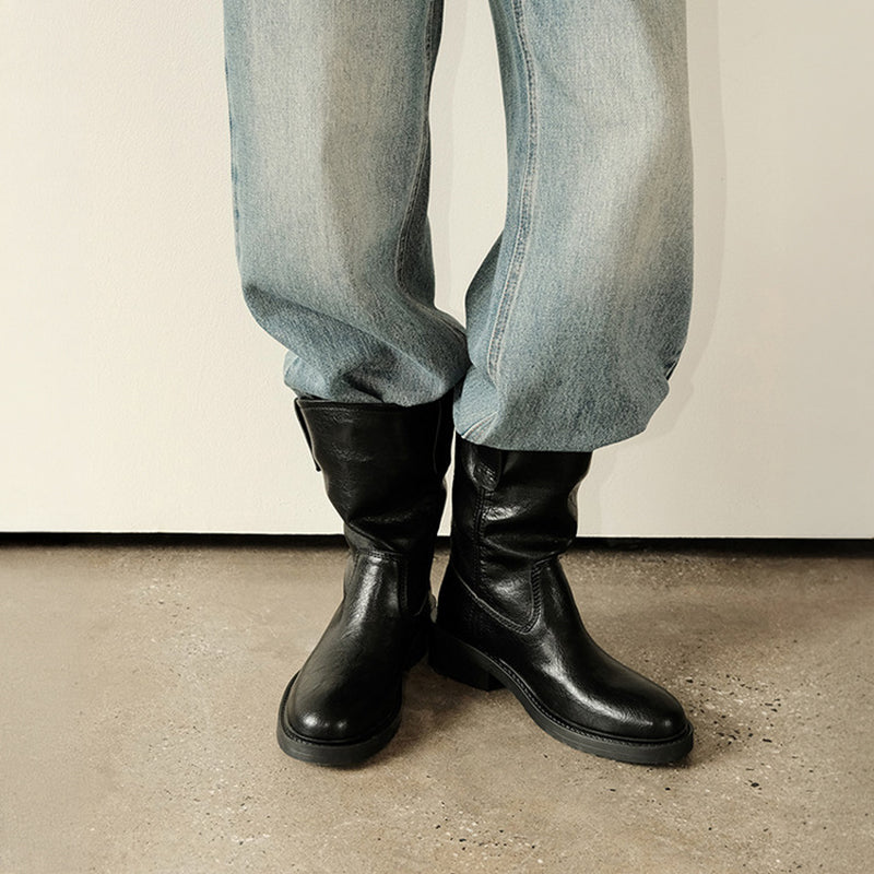 Vintage Ruched Slouch Mid Calf Boots for Women in Black/Light Brown/Dark Brown