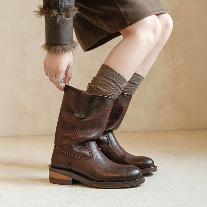 Vintage Ruched Slouch Mid Calf Boots for Women in Black/Light Brown/Dark Brown