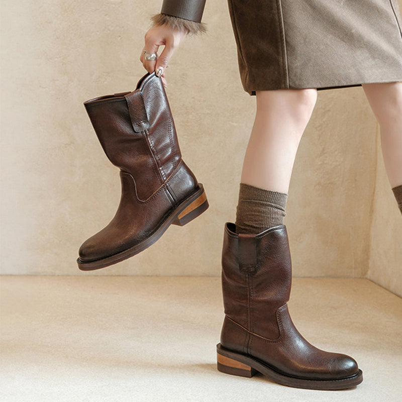 Vintage Ruched Slouch Mid Calf Boots for Women in Black/Light Brown/Dark Brown
