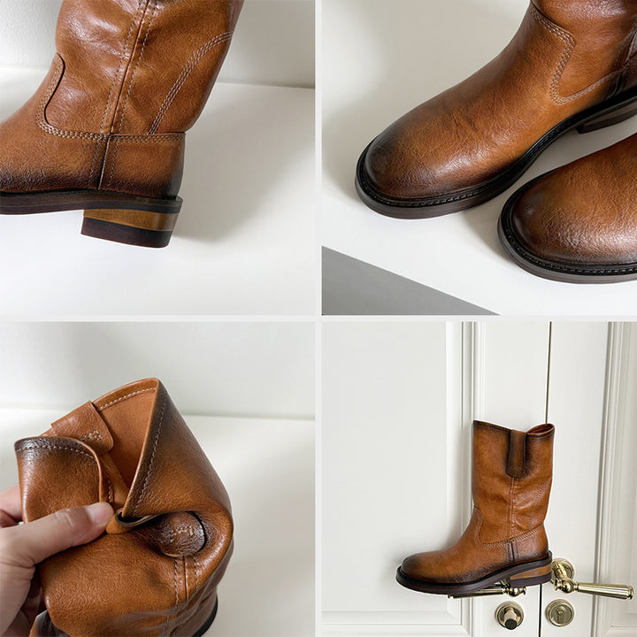 Vintage Ruched Slouch Mid Calf Boots for Women in Black/Light Brown/Dark Brown