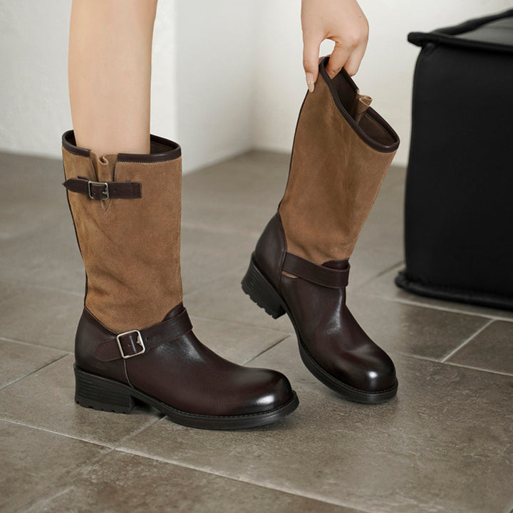 Vintage Cowhide Two-Tone Mid Calf Biker Boots for Women in Black/Brown