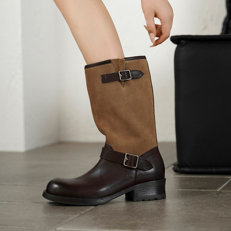 Vintage Cowhide Two-Tone Mid Calf Biker Boots for Women in Black/Brown