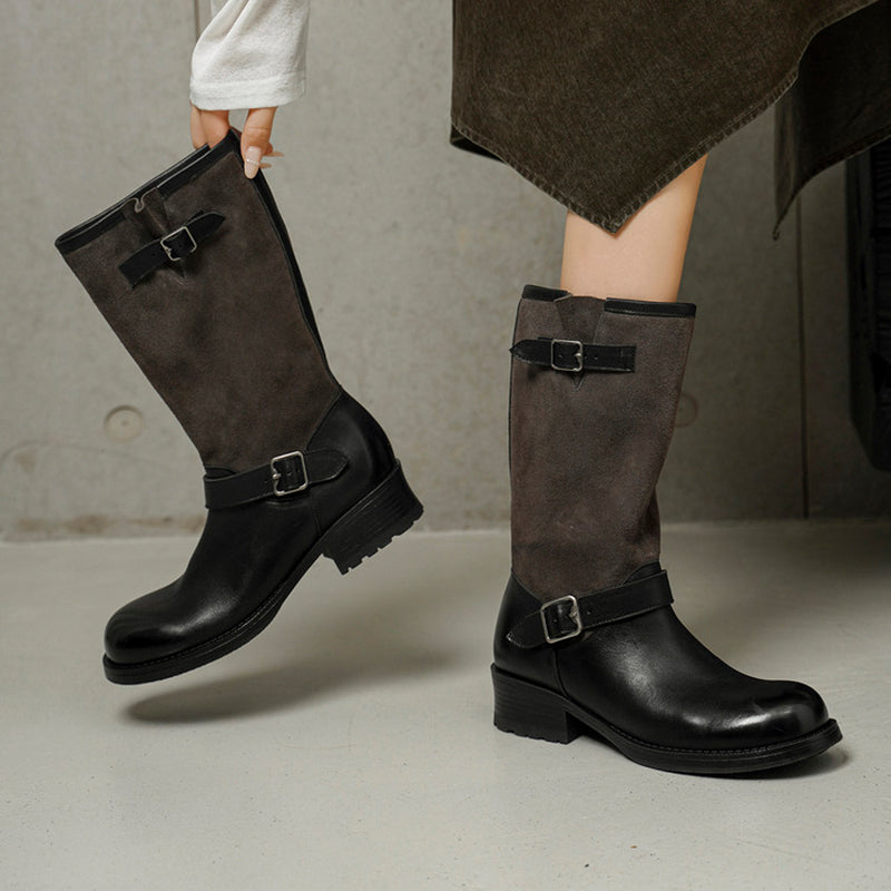 Vintage Cowhide Two-Tone Mid Calf Biker Boots for Women in Black/Brown