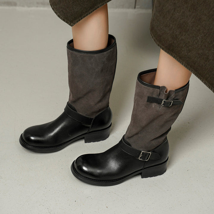 Vintage Cowhide Two-Tone Mid Calf Biker Boots for Women in Black/Brown