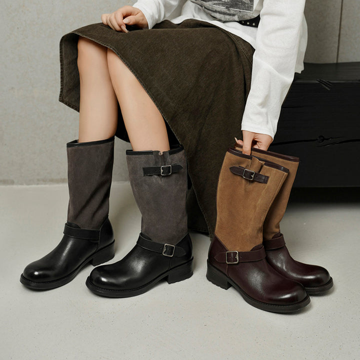 Vintage Cowhide Two-Tone Mid Calf Biker Boots for Women in Black/Brown