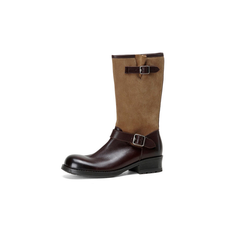 Vintage Cowhide Two-Tone Mid Calf Biker Boots for Women in Black/Brown