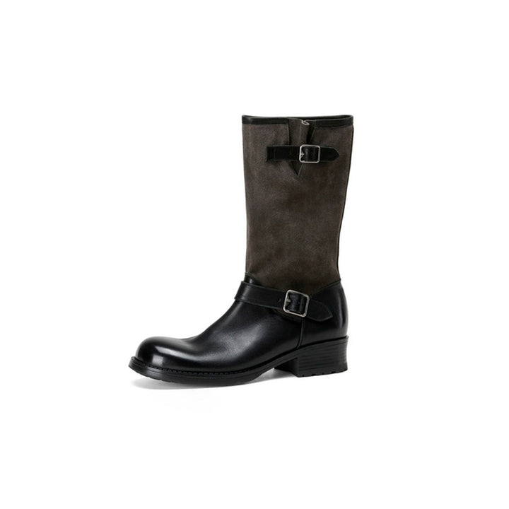 Vintage Cowhide Two-Tone Mid Calf Biker Boots for Women in Black/Brown