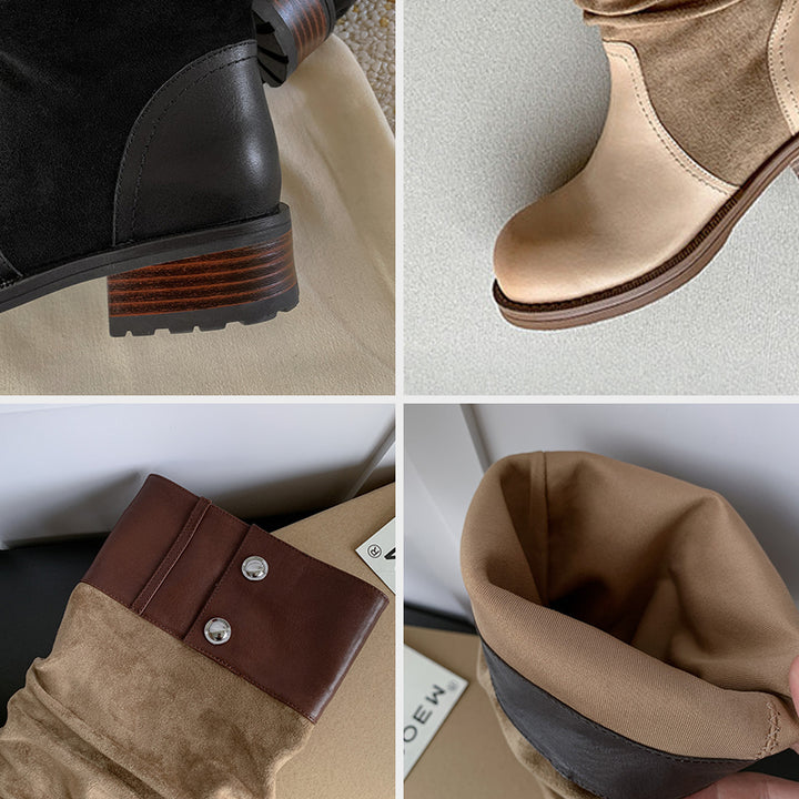 Handmade Two-Tone Leather Slouch Mid Calf Western Boots for Women in Black/Brown/Apricot