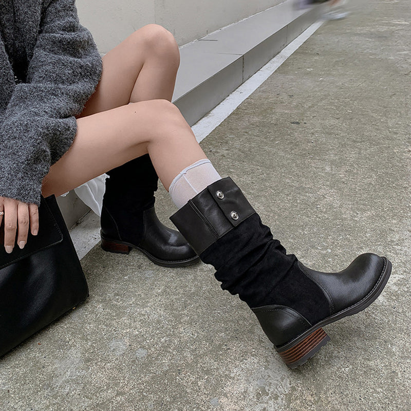 Handmade Two-Tone Leather Slouch Mid Calf Western Boots for Women in Black/Brown/Apricot
