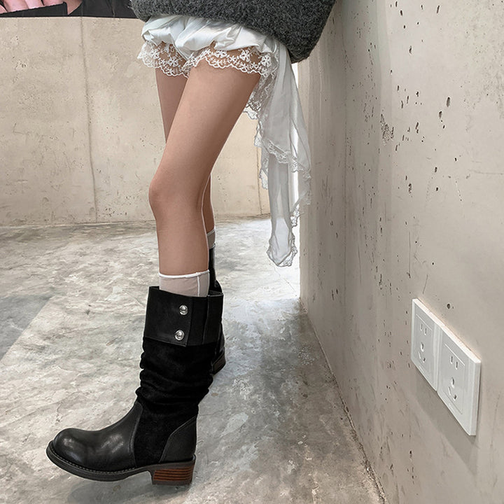 Handmade Two-Tone Leather Slouch Mid Calf Western Boots for Women in Black/Brown/Apricot